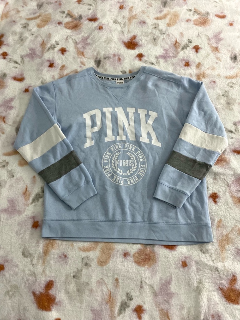 Victoria's Secret PINK Light Blue Crewneck Sweatshirt with White & Gray Accents